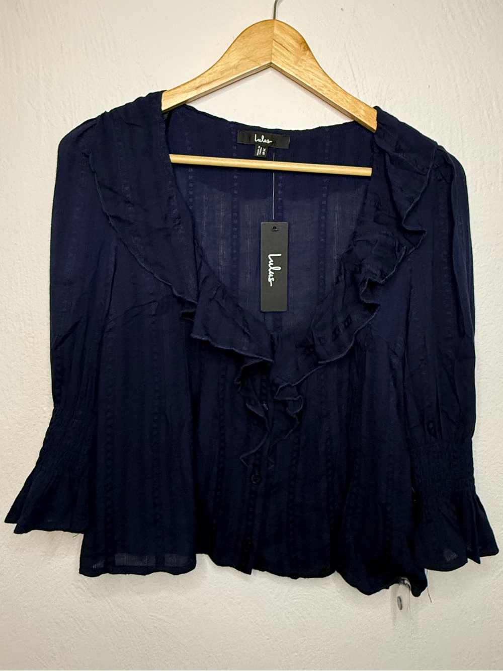 Lulu's Navy Ruffle V-Neck Tie-Front Blouse